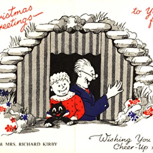 WW2 Christmas card, two air raid shelters