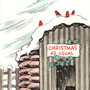 WW2 Christmas card, cat in air raid shelter