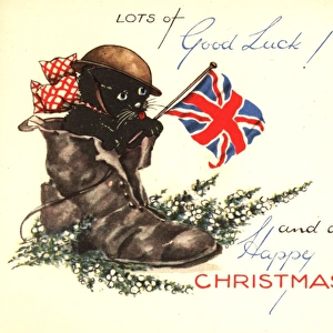 WW2 Christmas card, cat with flag