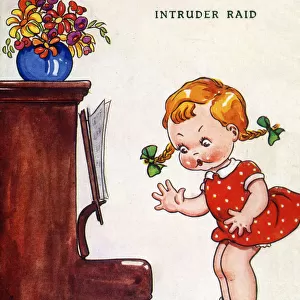 WW2 - Comic Postcard, Home Front - Intruder Raid - A little girl (with ginger pigtails)