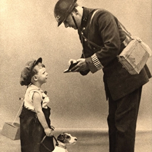 WW2 greetings card, policeman, boy and dog