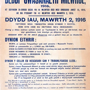 WWI Poster, Military Service Act 1916 (Welsh version)