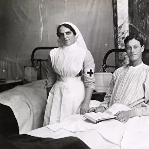 WWI: soldier in military hospital, with nurse