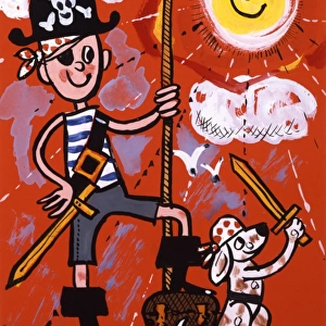 Young boy and his dog play pirates