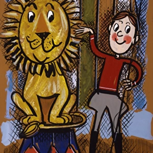 Young boy lion tamer & lion
