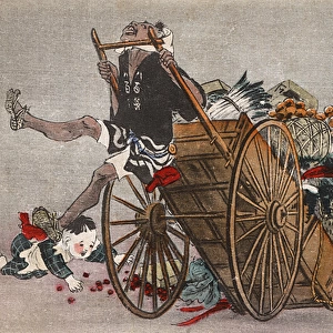 Four young children topple a Japanese handcart as a prank