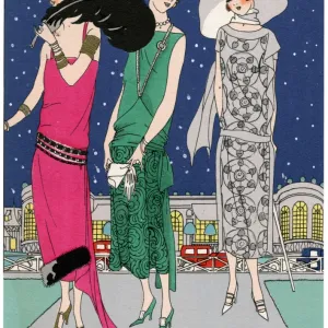 Three young ladies in evening outfits by Worth