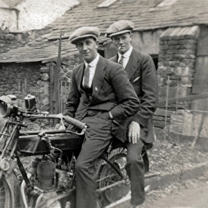 Two young men on a 1921 Sunbeam motorcycle