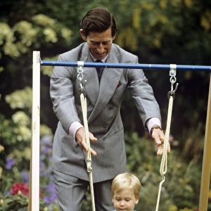 Young Prince william on a swing, pushed by Prince Charles