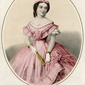 Young Victorian woman in pink crinoline