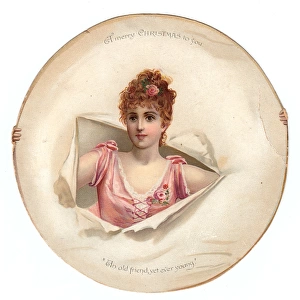 Young woman in pink on a Christmas card