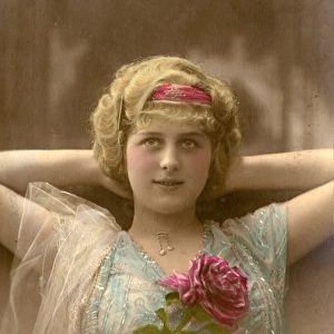 Young woman on a postcard