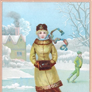 Young woman skating on a New Year card