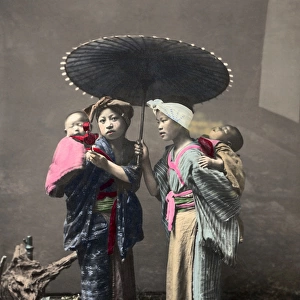 Young women carrying babies, Japan