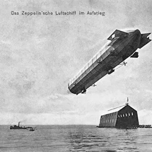 Zeppelin Airship Flying over Hangar on Lake Constance