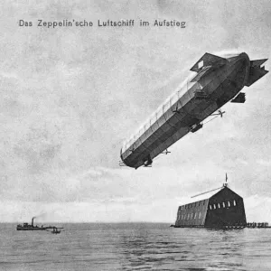 Zeppelin Airship Flying over Hangar on Lake Constance