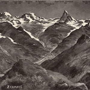 Zermatt, Switzerland with surrounding Alpine peaks