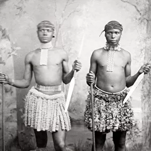 Zulu warriors with weapons, South Africa, c. 1890