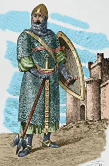 Feudal Prints: 11th century warrior. Engraving. Later colouration
