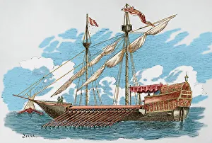 14th century galley. Engraving by Serra. Later colouration
