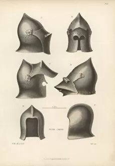 14th century helmets from suits of armour in