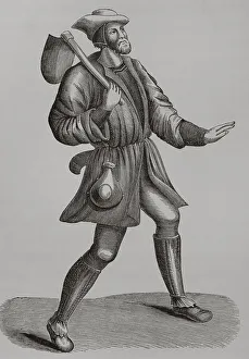 Calf Prints: 15th century French peasant. Engraving