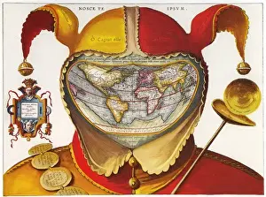 1590 Prints: 16th century red and yellow Jesters Cap costume map of the world