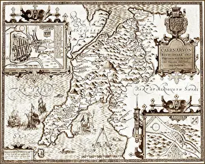 Bangor Prints: 17th Century (1610) Map of Caernarvon Caernarvonshire