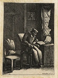 Rembrandt Prints: 17th century bearded man with cap seated in a chair, reading und
