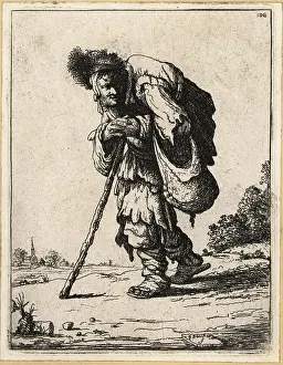 Rembrandt Prints: 17th century Dutch disabled beggar in rags, with staff and bag