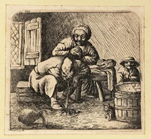Drunkard Prints: 17th century Dutch drunk man vomits on the floor of a tavern