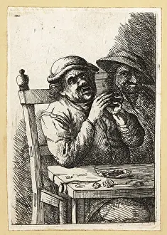 17th Century Prints: 17th century Dutch man with tankard, tobacco and pipe at a rusti