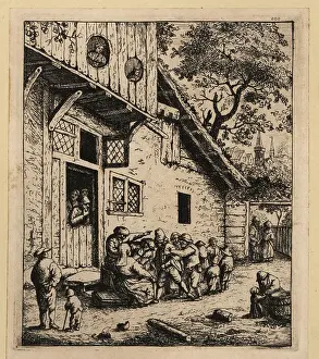 Farmhouse Prints: 17th century Dutch peasants outside a large farmhouse