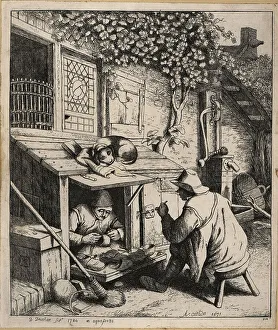 Shoemaker Prints: 17th century Dutch shoemaker in a small shop in front of his hou