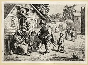 Rembrandt Prints: 17th century Dutch spectacles seller offering his wares to a wom