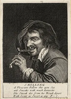 17th century English man blowing out smoke after inhaling from a