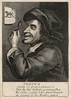 Laugh Prints: 17th century English man laughing at an engraving of a monkey