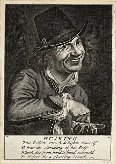 Counting Prints: 17th century English man smiling as he hears coins chinking