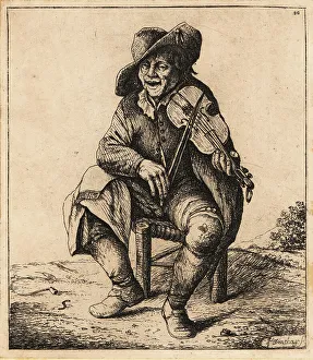 Fiddler Prints: 17th century fiddler in cap, coat and boots seated on a chair. T