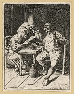 Customer Prints: 17th century fiddler with woman reading music score and man drin