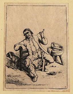 Rembrandt Prints: 17th century man smoking a tobacco pipe with his dog