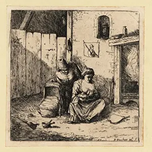 Affection Prints: 17th century man watching a mother breastfeeding a child in fron