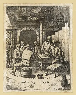 Tankard Prints: 17th century peasants drinking ale and smoking pipes in a tavern