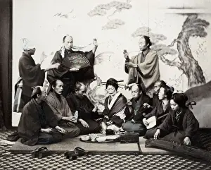 Sake Prints: 1860s Japan - portrait of a group of men and women enjoying a social meal with music