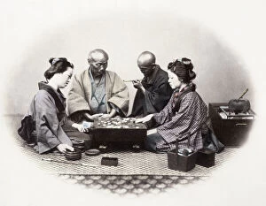 Geisha Gallery: 1860s Japan - portrait of a group of men and women playing Go board game Felice or Felix