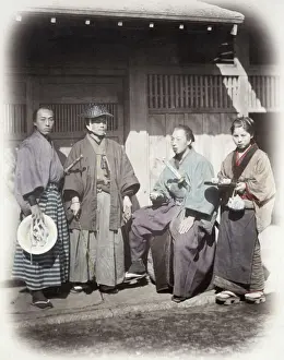 Geisha Prints: 1860s Japan - portrait of a samurai group being served by a tea house servant Felice or
