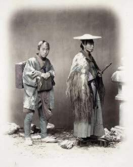 Aoriental Gallery: 1860s Japan - portrait of a samurai and his servant travelling in snow Felice or Felix