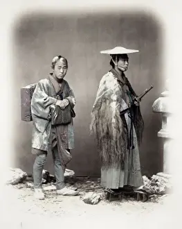 Orient Prints: 1860s Japan - portrait of a samurai and his servant travelling in snow Felice or Felix