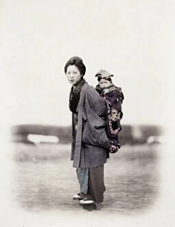 Geishas Collection: 1860s Japan - portrait of a young woman carrying a baby Felice or Felix Beato