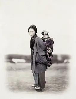 Beato Prints: 1860s Japan - portrait of a young woman carrying a baby Felice or Felix Beato